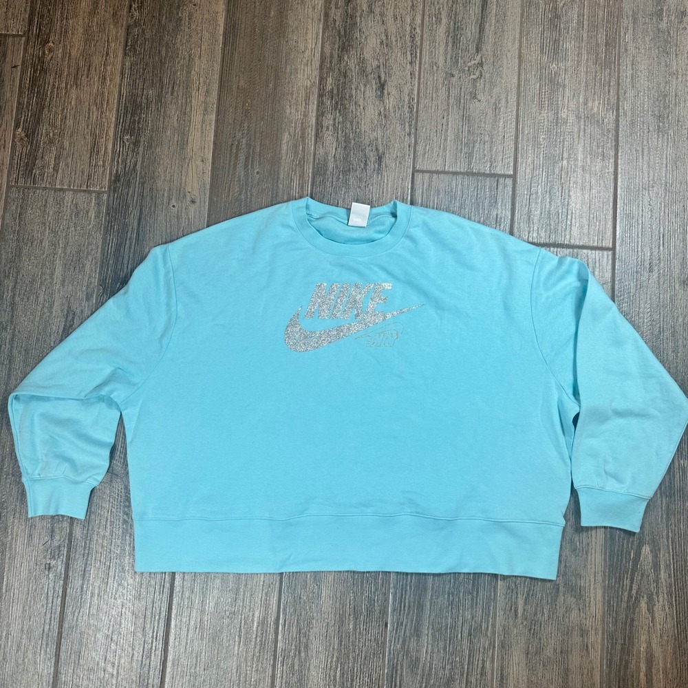 Nike Glitter Swoosh Crewneck Sweatshirt‎ Aqua Blue Women's Plus Size 3X